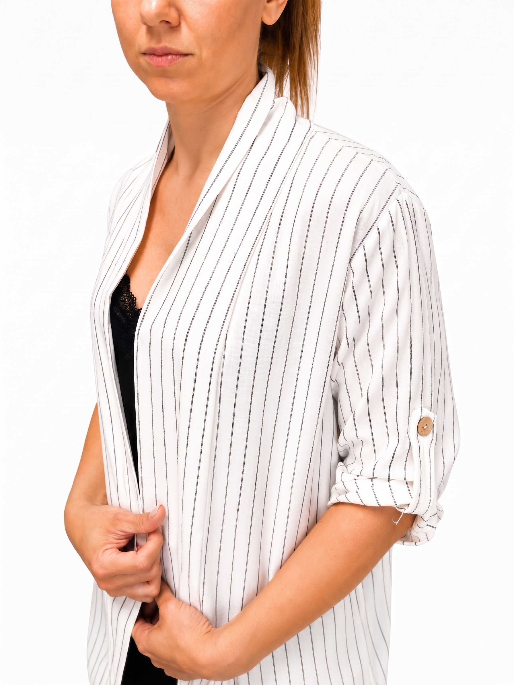 Set Coordinato Gessato: Blazer con Maniche a Tab e Pantaloni Wide-Leg - Bianco/Nero