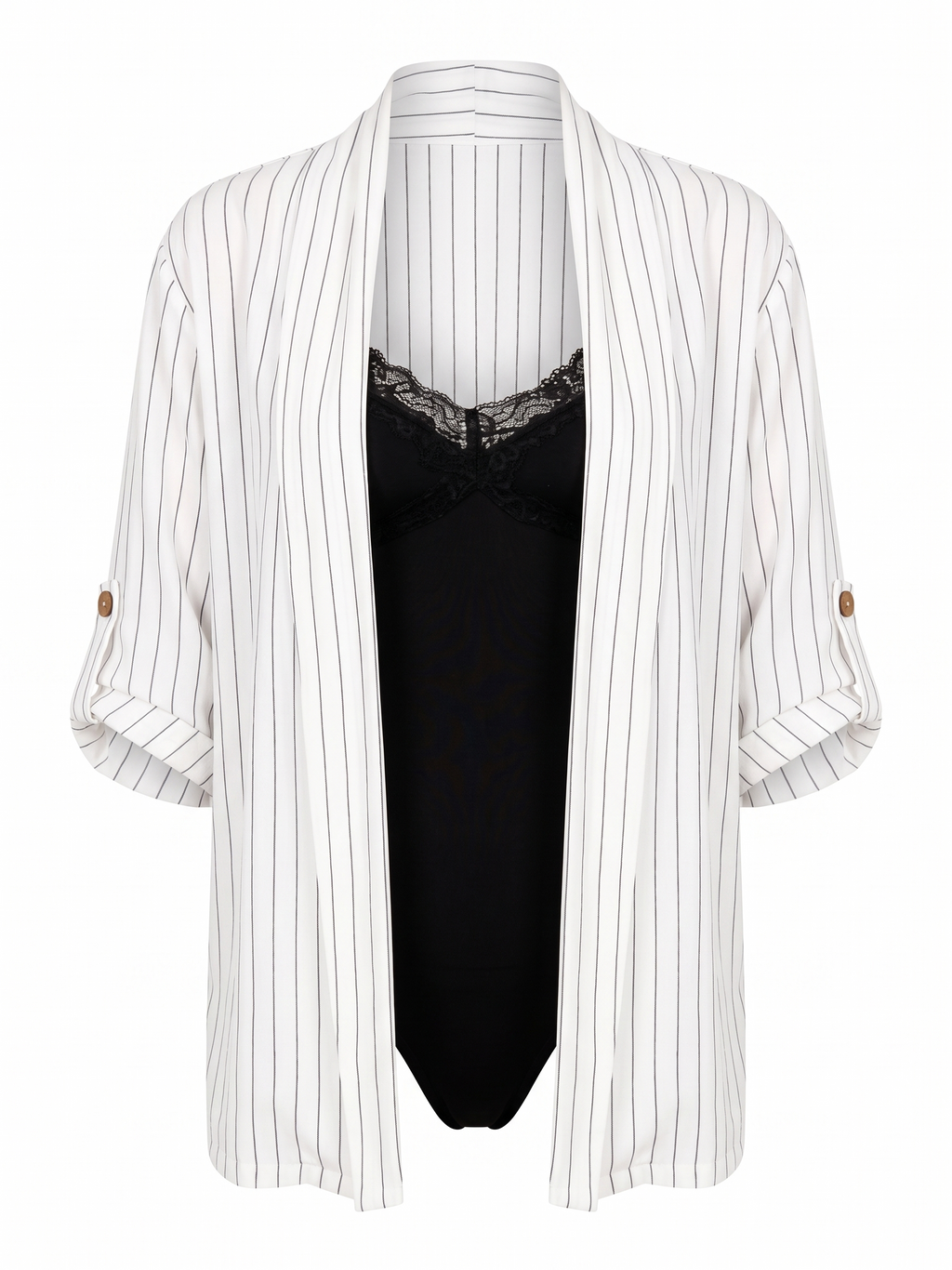 Set Coordinato Gessato: Blazer con Maniche a Tab e Pantaloni Wide-Leg - Bianco/Nero