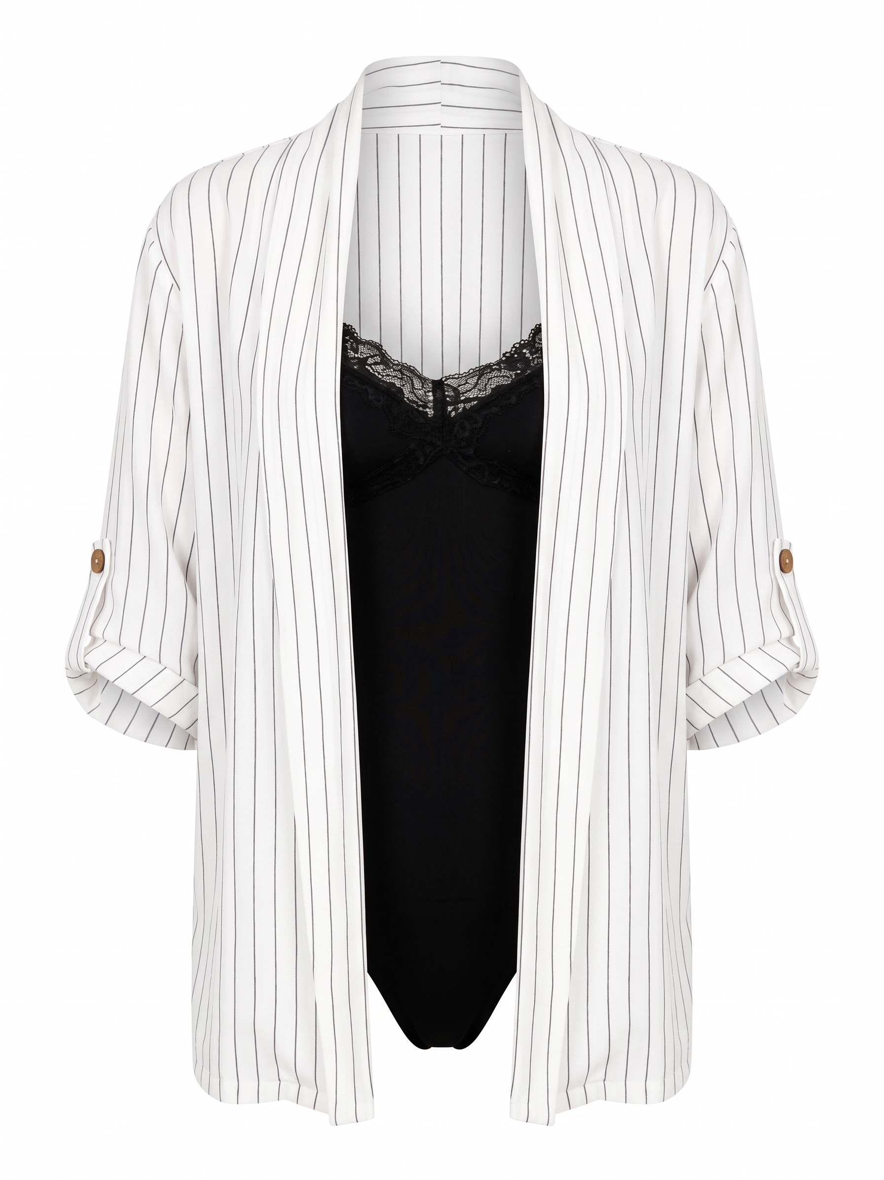 Set Coordinato Gessato: Blazer con Maniche a Tab e Pantaloni Wide-Leg - Bianco/Nero