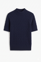 Top Donna Elegante a Maniche Corte con Lavorazione a Trecce - Blu Navy