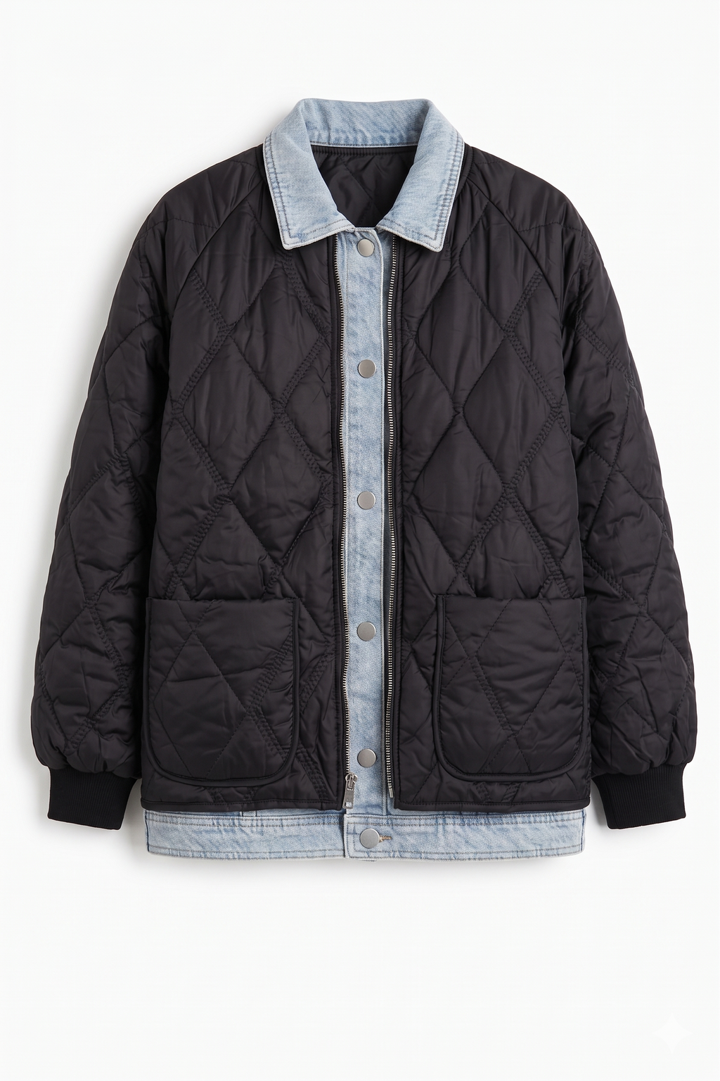 Giacca Ibrida Oversize Trapuntata Nera con Inserto Denim Lavato