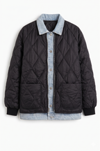 Giacca Ibrida Oversize Trapuntata Nera con Inserto Denim Lavato