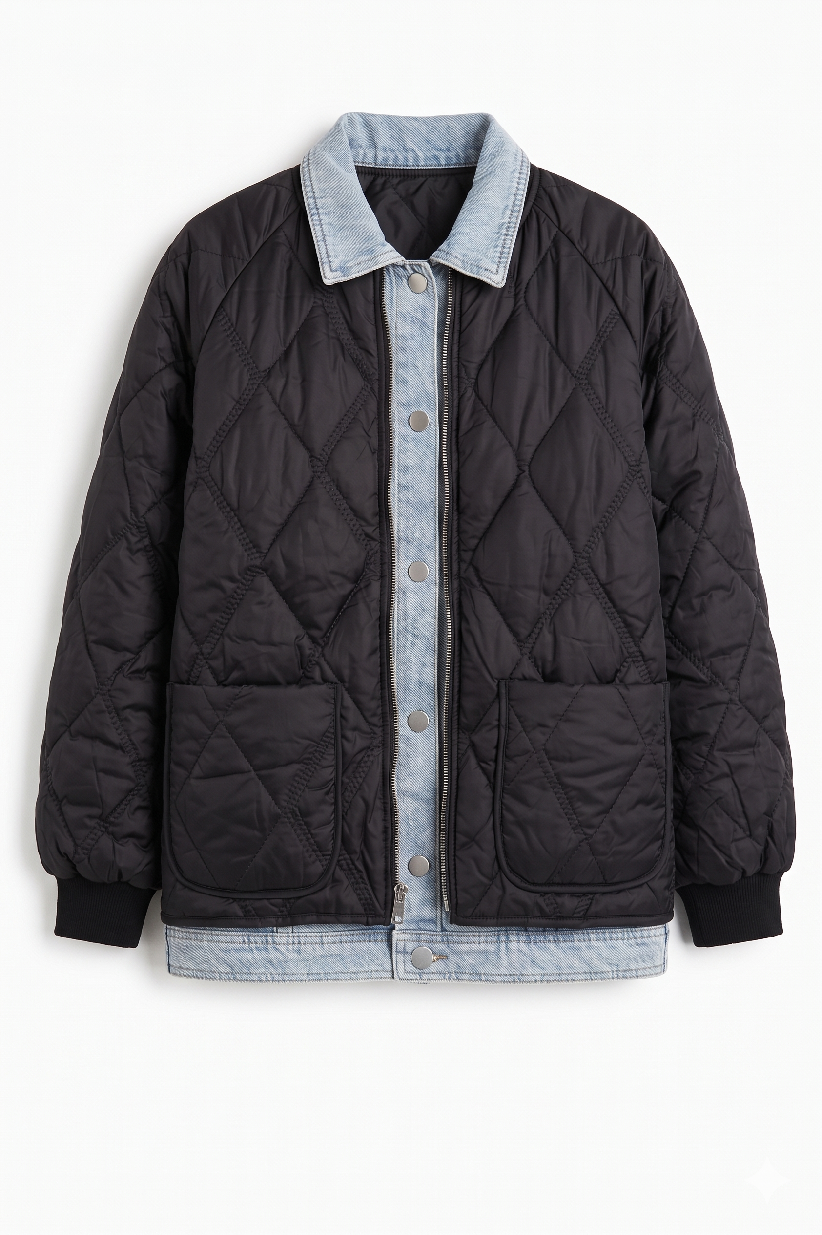 Giacca Ibrida Oversize Trapuntata Nera con Inserto Denim Lavato