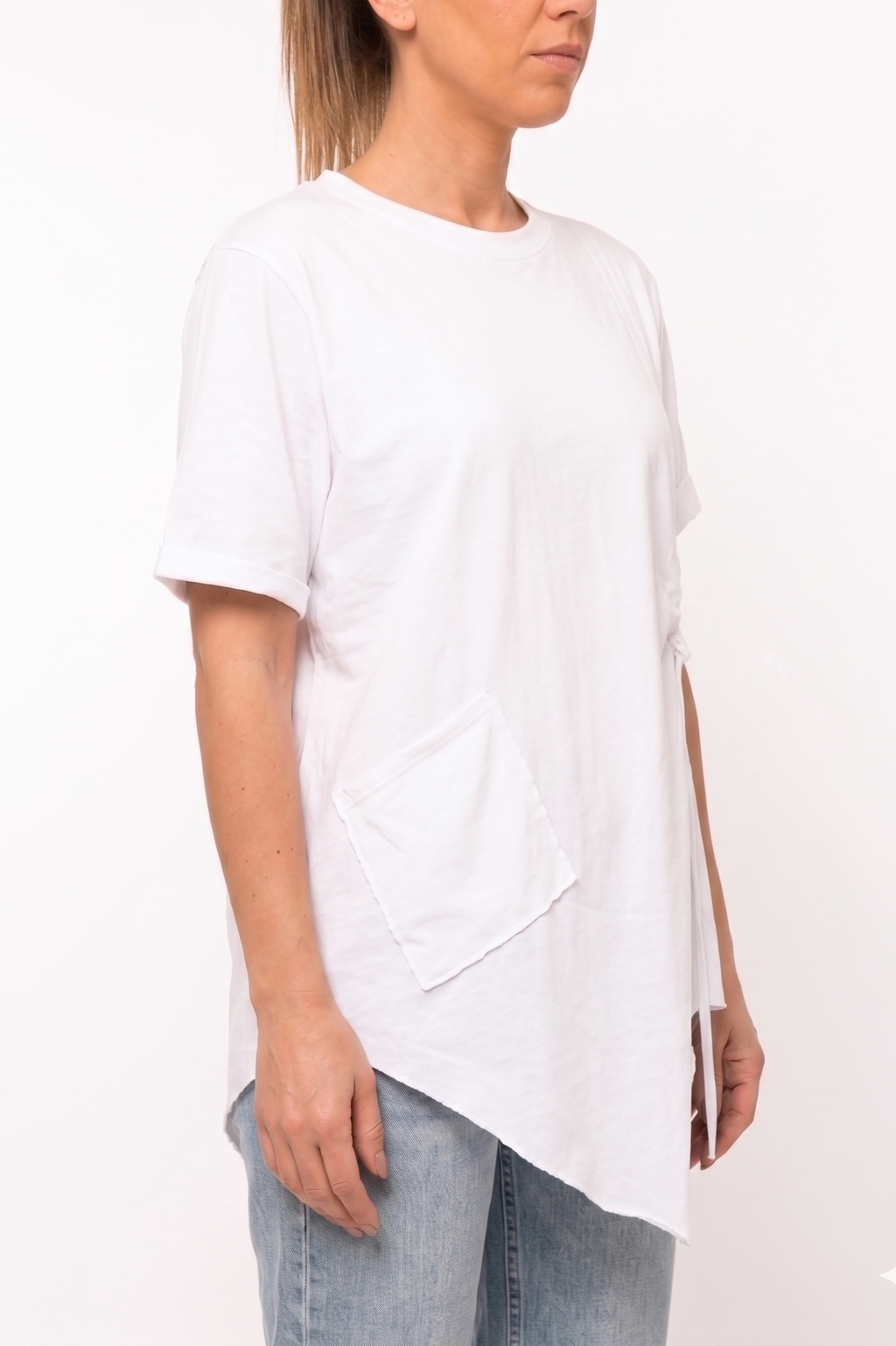 Maxi T-Shirt Asimmetrica con Tasca e Coulisse Laterale