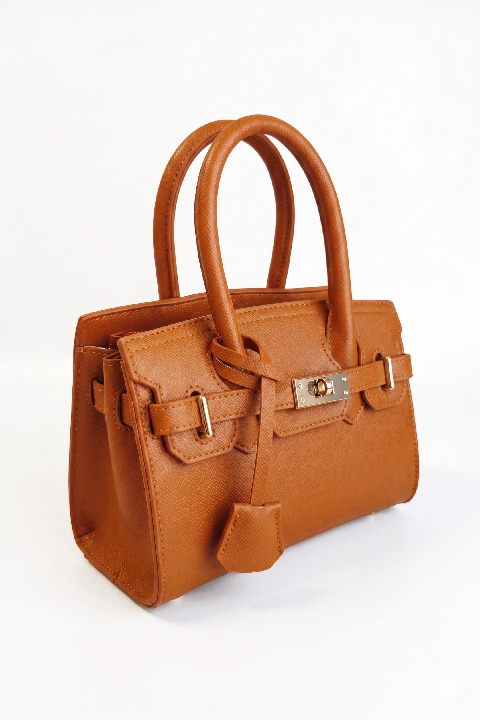 Borsa a Mano Rigida in Pelle Saffiano con Chiusura Girevole – Brandy
