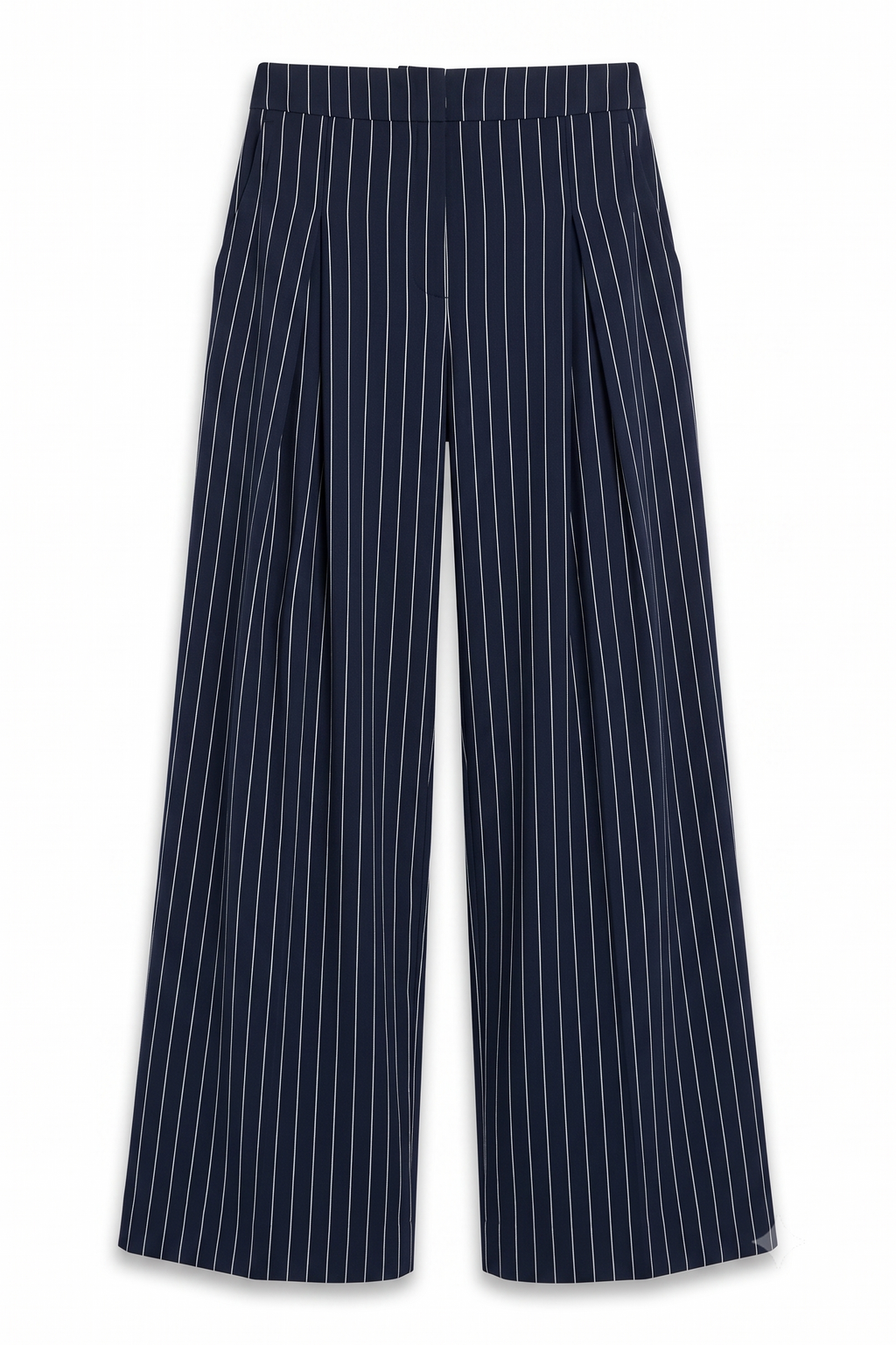 Tailleur Gessato Blu Navy con Giacca Asimmetrica e Pantaloni a Palazzo