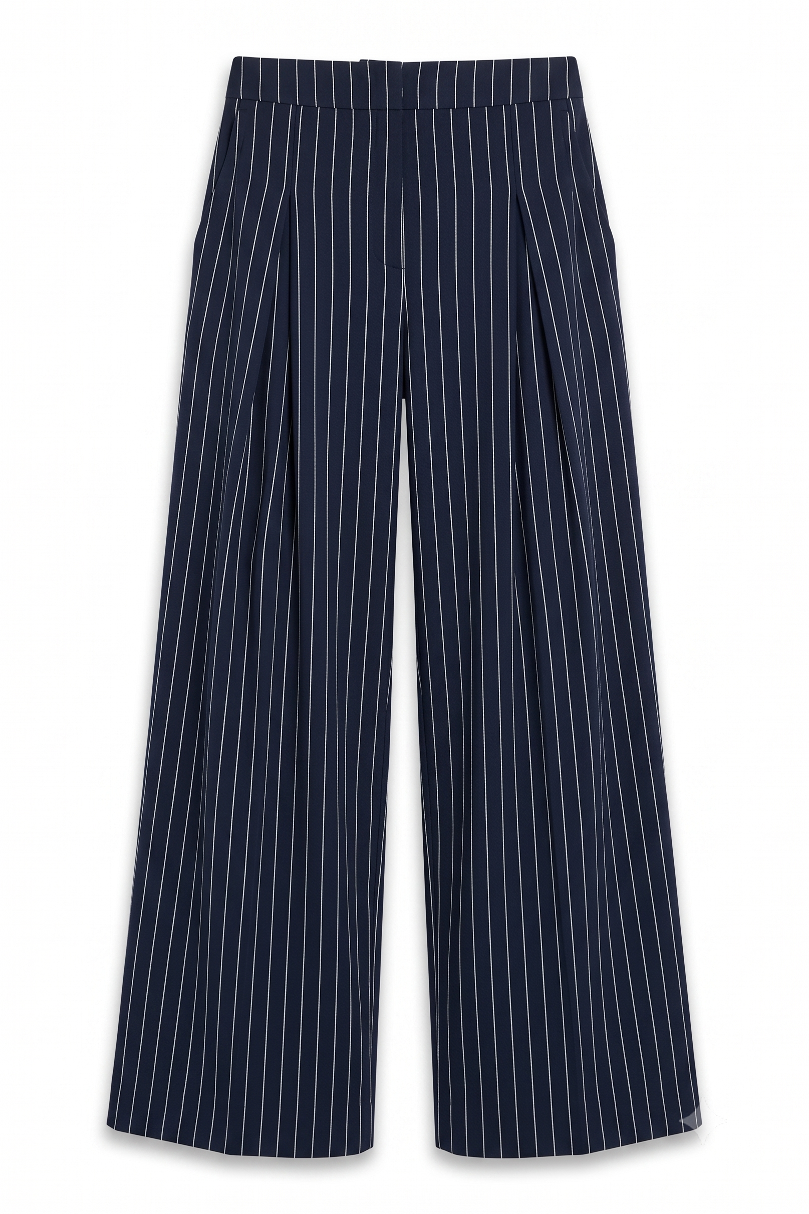 Tailleur Gessato Blu Navy con Giacca Asimmetrica e Pantaloni a Palazzo