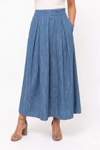 Gonna Maxi in Denim a Vita Alta con Dettaglio Pieghe