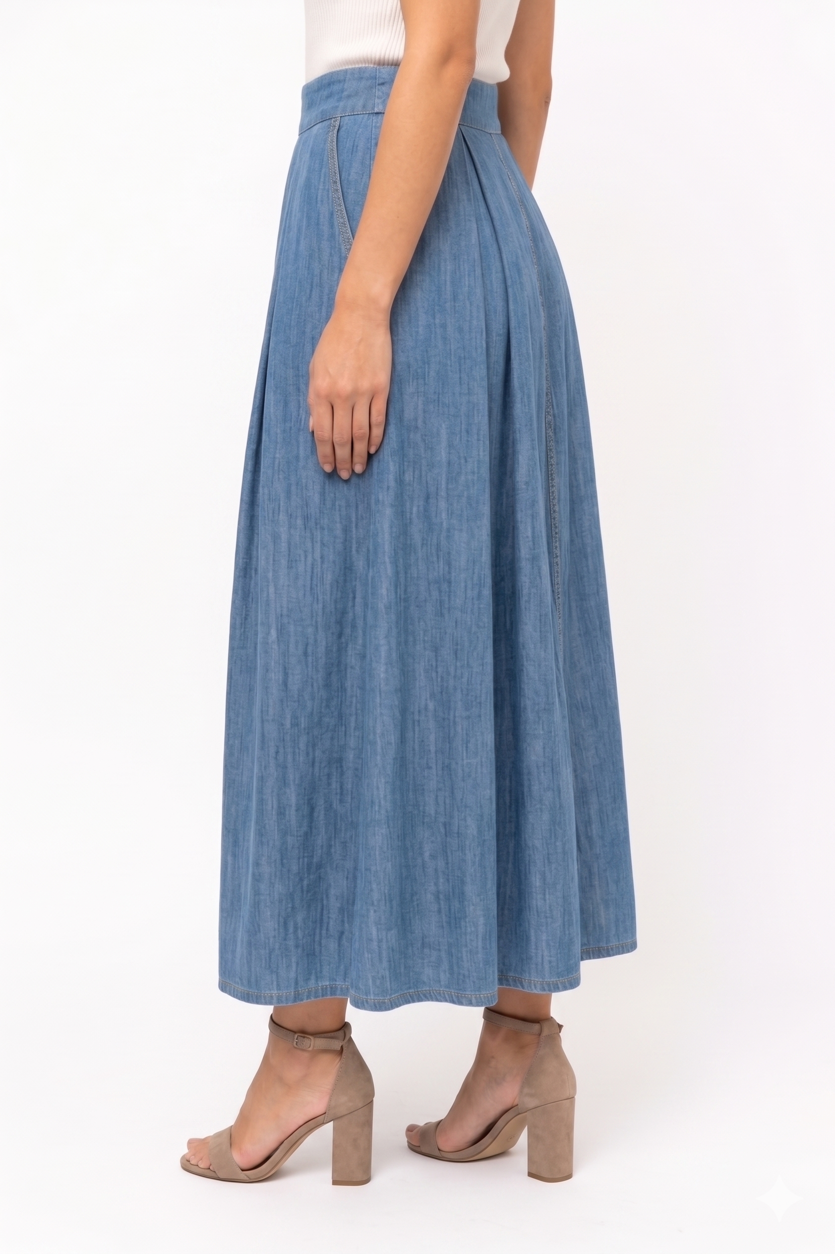 Gonna Maxi in Denim a Vita Alta con Dettaglio Pieghe