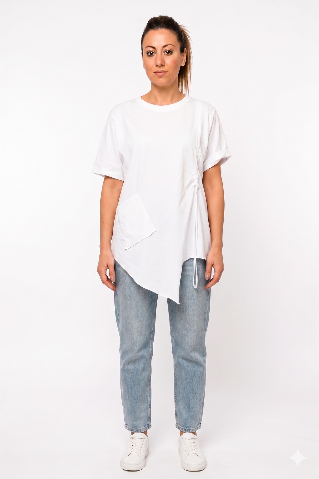 Maxi T-Shirt Asimmetrica con Tasca e Coulisse Laterale