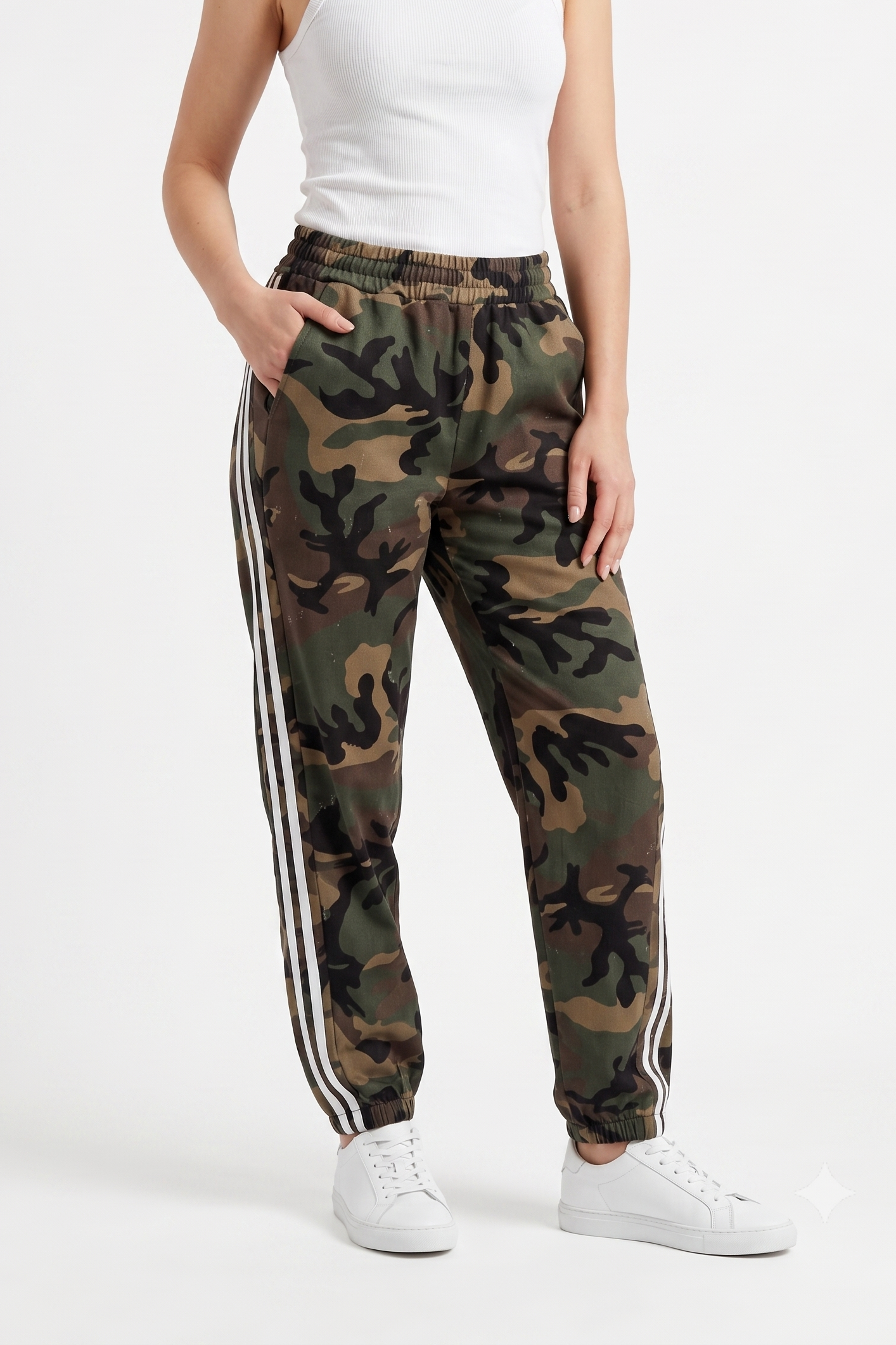 Pantaloni Jogger Camouflage con Bande Laterali Bianche – Urban Style