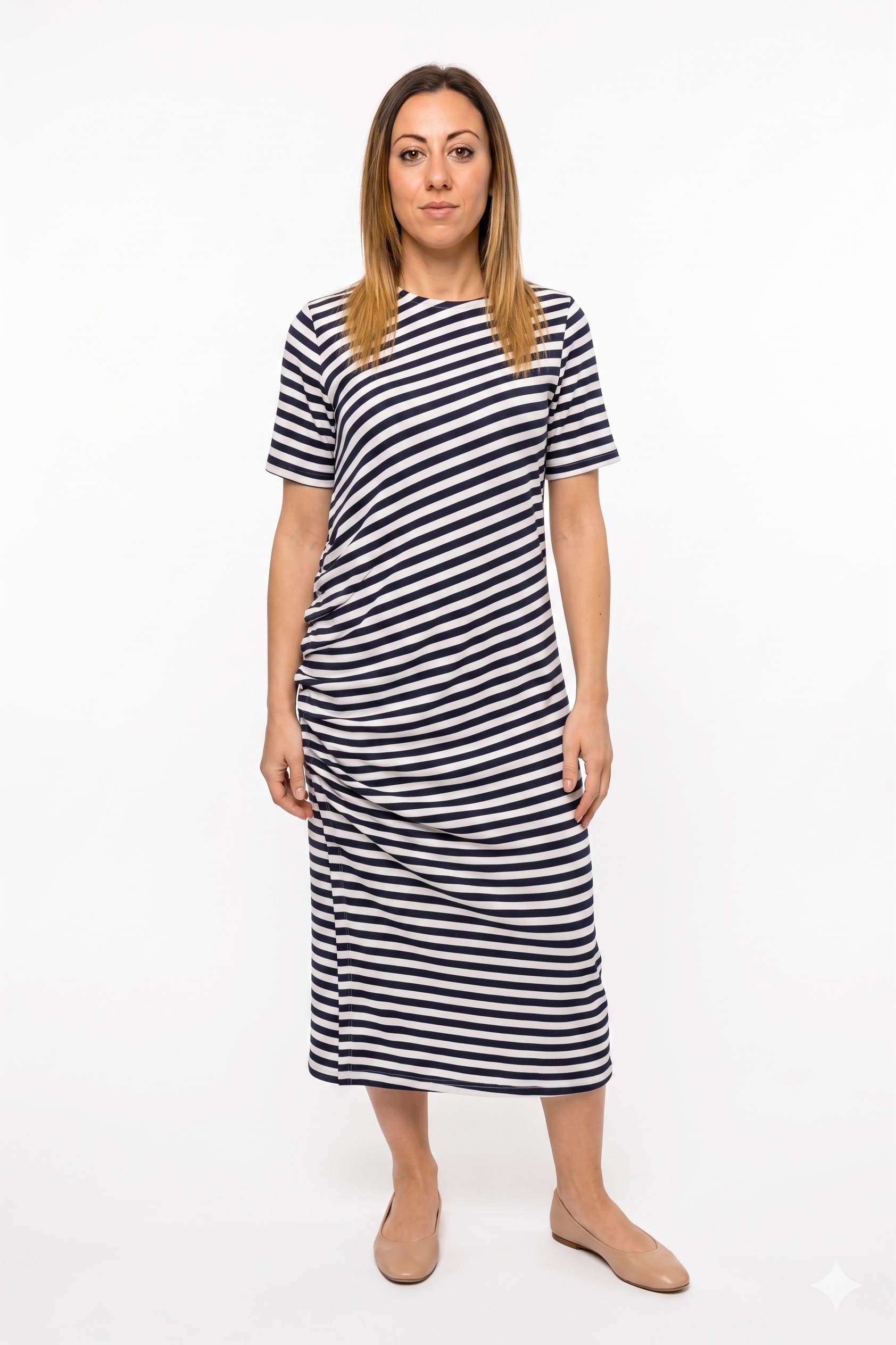 Abito Midi a Righe con Dettaglio Drappeggiato