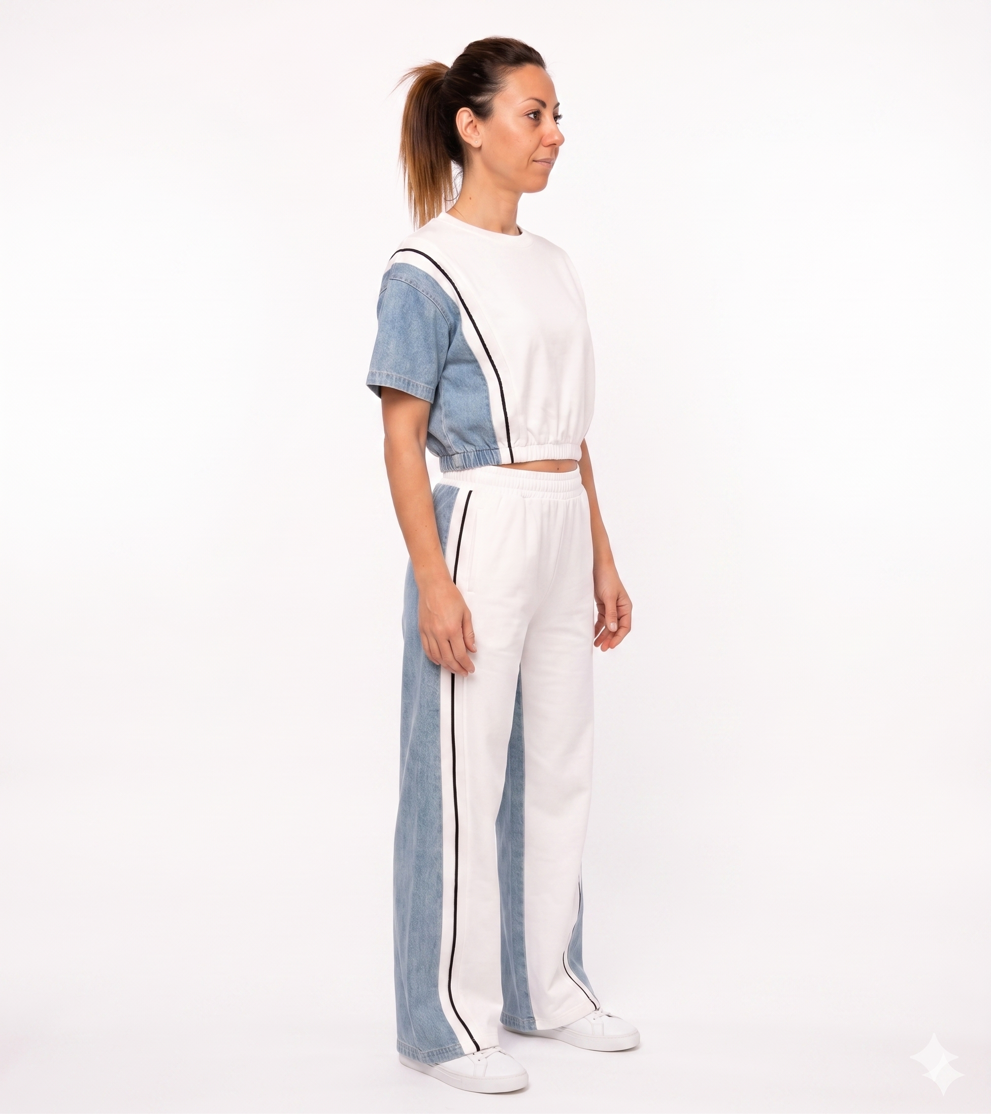 Completo Co-ord "Urban Fusion": Top Crop e Pantalone Palazzo con Inserti Denim