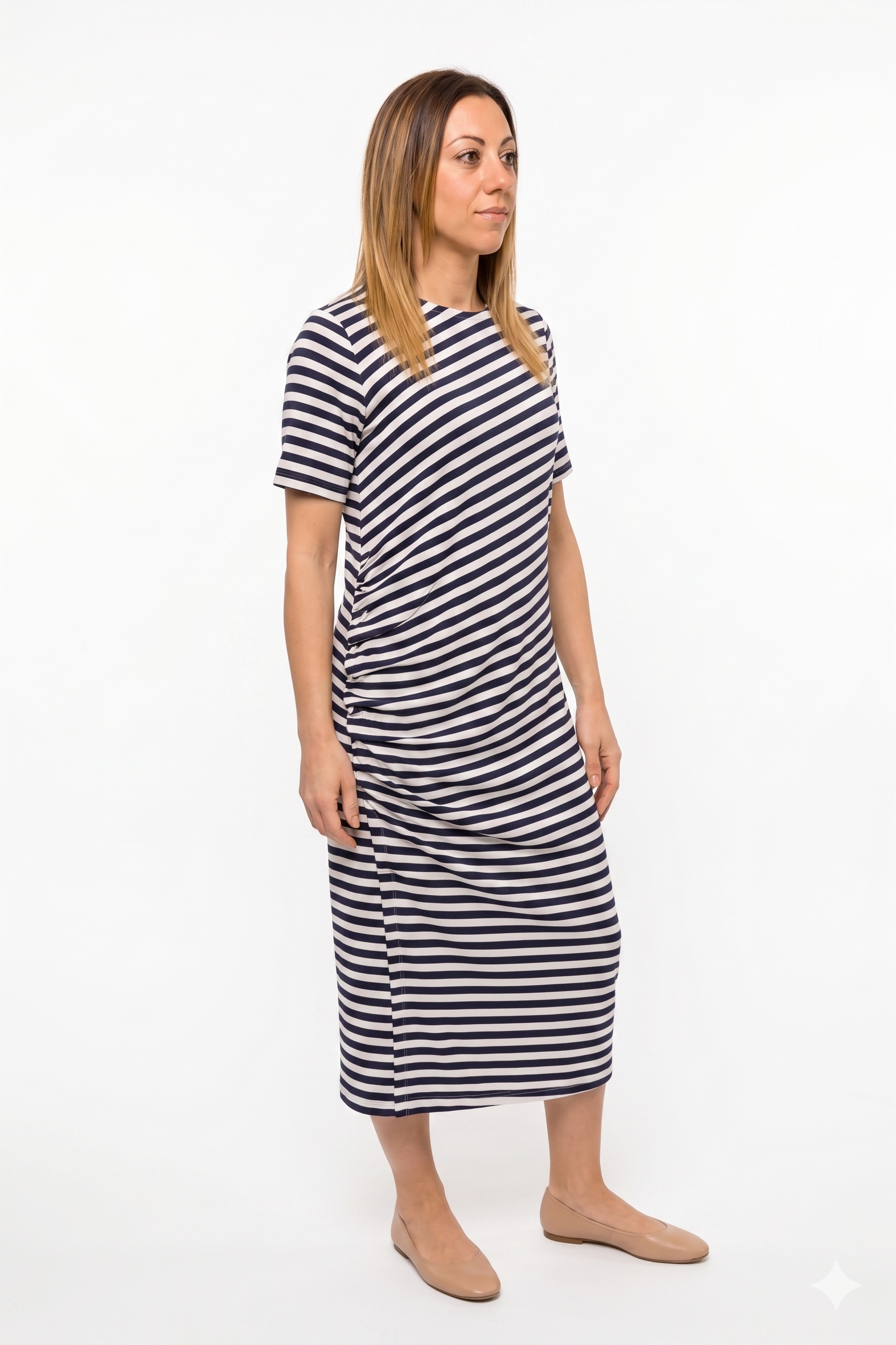 Abito Midi a Righe con Dettaglio Drappeggiato