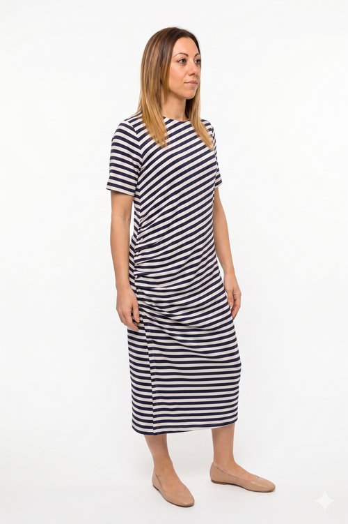 Abito Midi a Righe con Dettaglio Drappeggiato