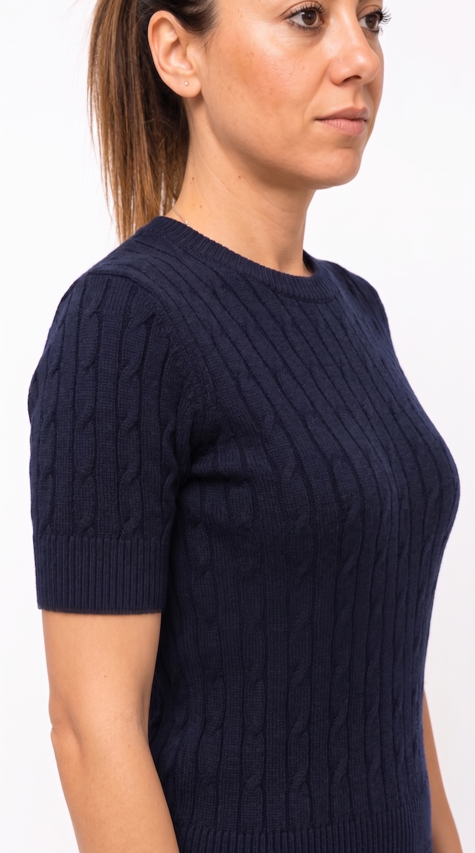 Top Donna Elegante a Maniche Corte con Lavorazione a Trecce - Blu Navy