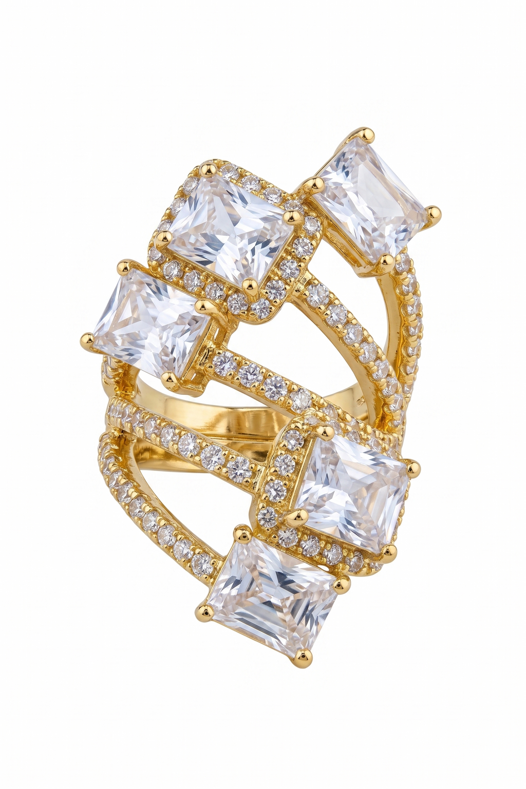 Anello Statement Multi-Fascia color Oro con Cristalli Geometrici
