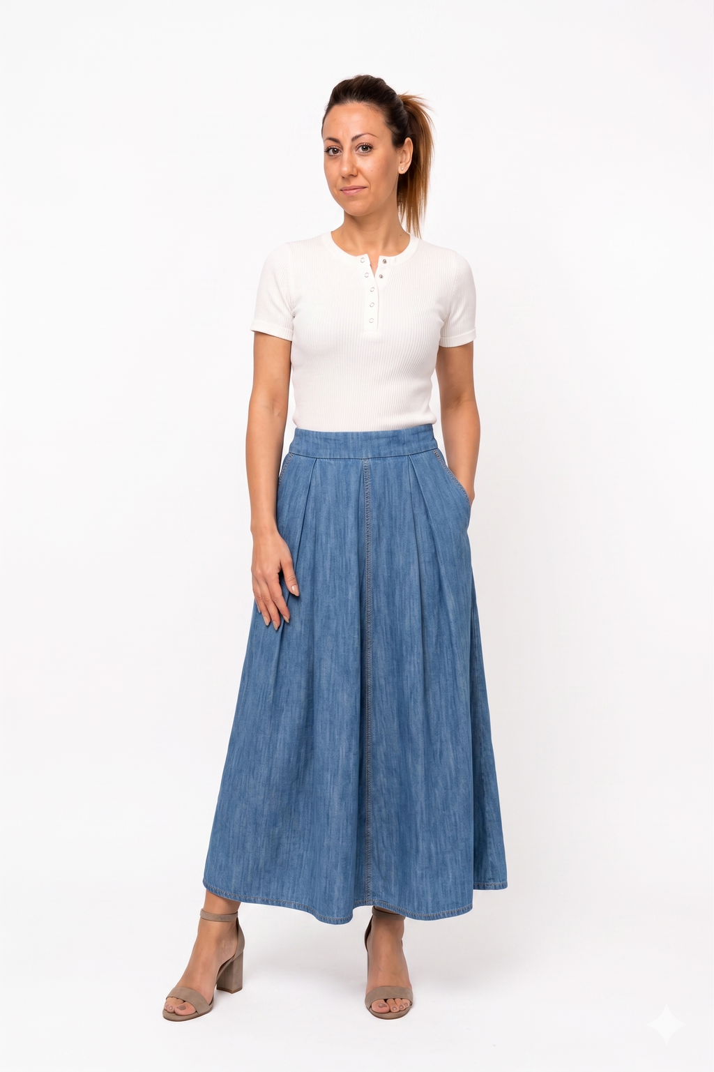 Gonna Maxi in Denim a Vita Alta con Dettaglio Pieghe