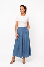 Gonna Maxi in Denim a Vita Alta con Dettaglio Pieghe