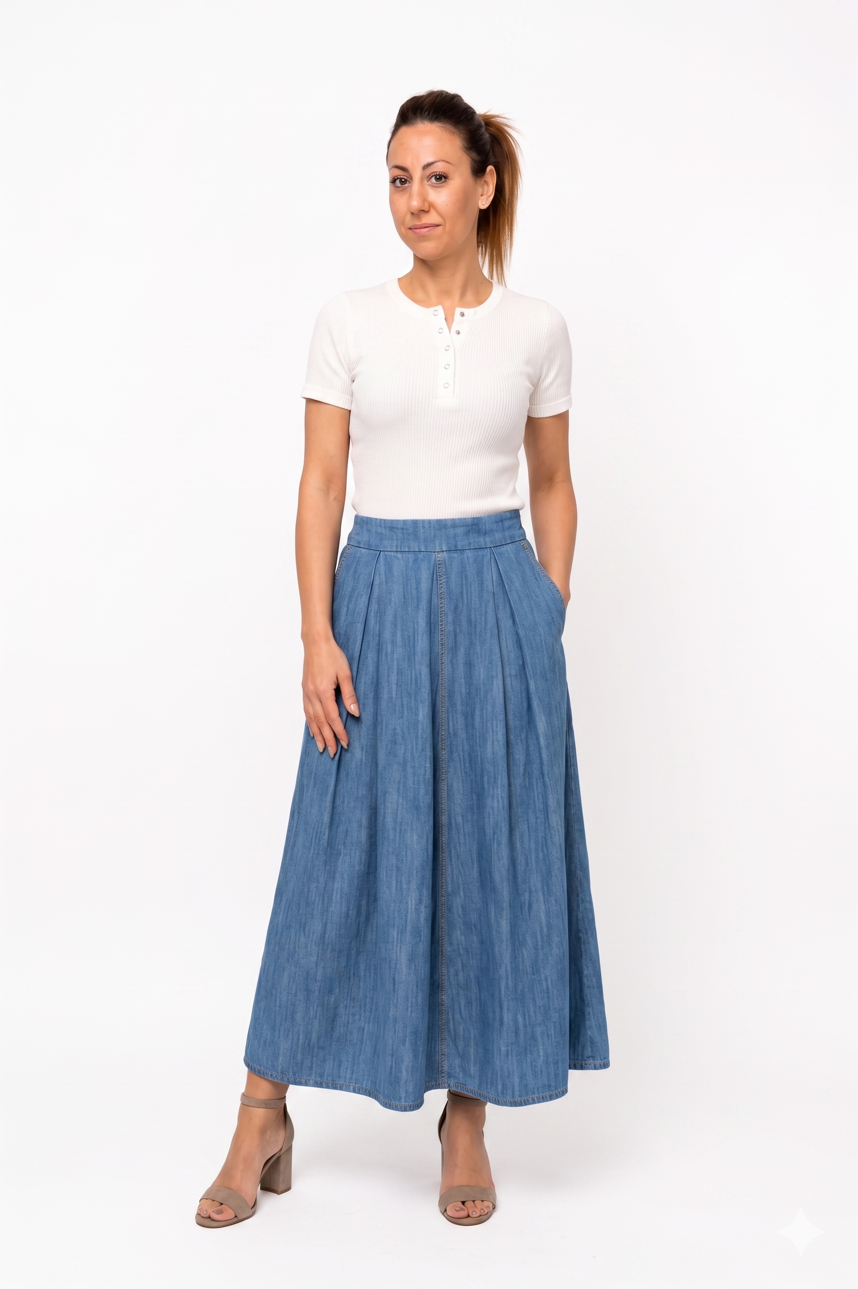 Gonna Maxi in Denim a Vita Alta con Dettaglio Pieghe