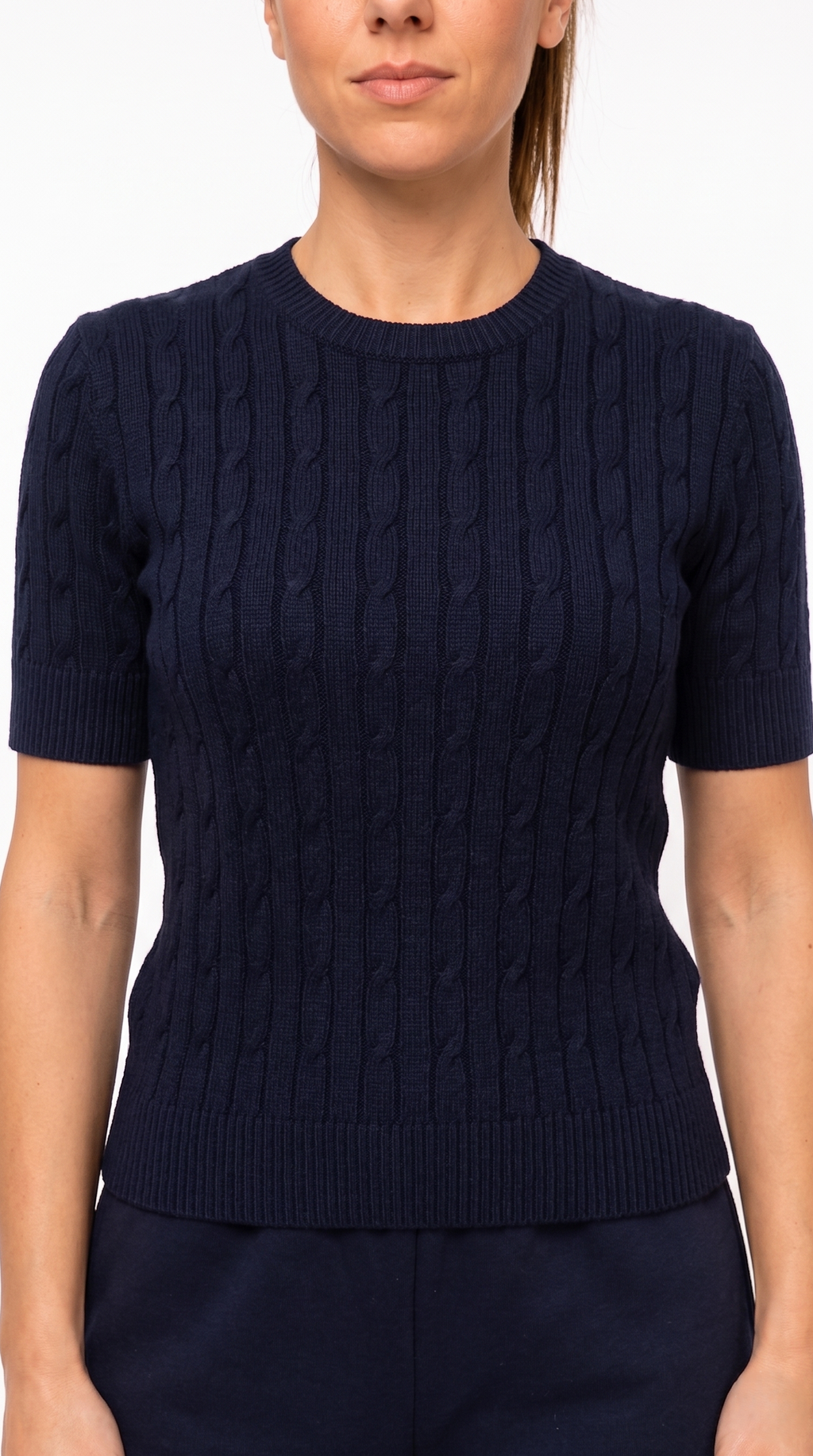 Top Donna Elegante a Maniche Corte con Lavorazione a Trecce - Blu Navy