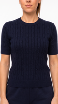 Top Donna Elegante a Maniche Corte con Lavorazione a Trecce - Blu Navy