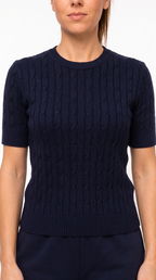 Top Donna Elegante a Maniche Corte con Lavorazione a Trecce - Blu Navy