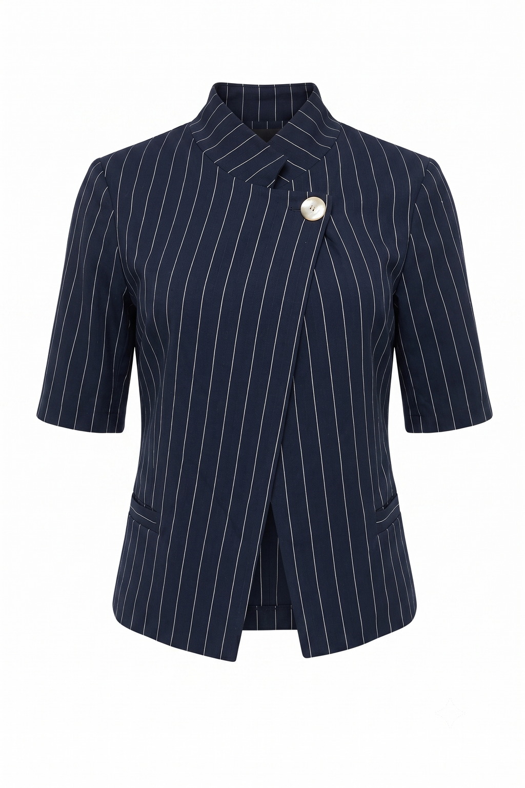 Tailleur Gessato Blu Navy con Giacca Asimmetrica e Pantaloni a Palazzo