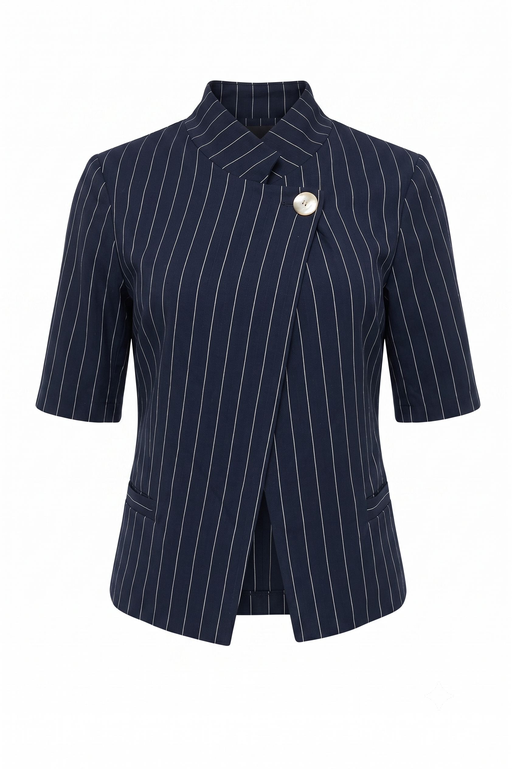 Tailleur Gessato Blu Navy con Giacca Asimmetrica e Pantaloni a Palazzo