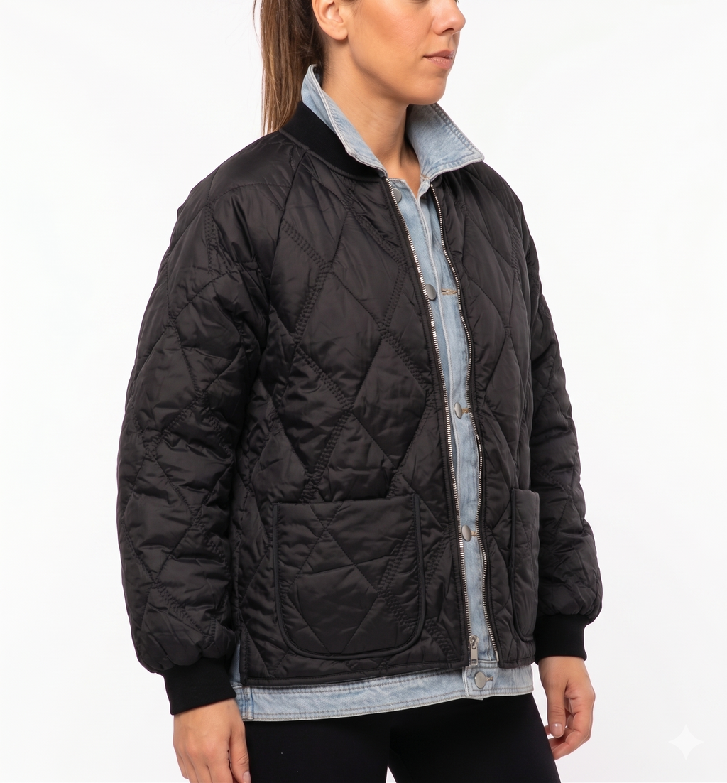 Giacca Ibrida Oversize Trapuntata Nera con Inserto Denim Lavato