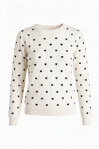 Pullover Girocollo Bianco con Micro-Cuori Neri