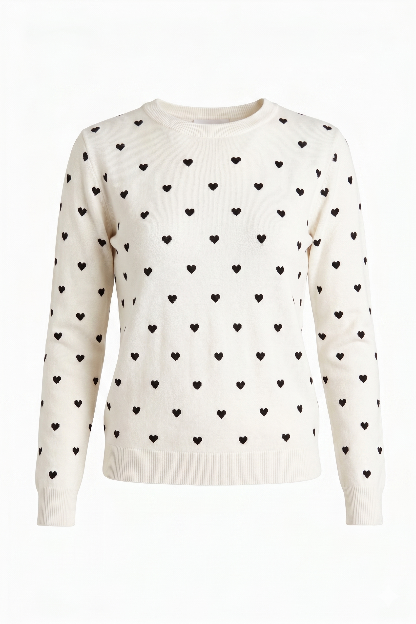 Pullover Girocollo Bianco con Micro-Cuori Neri