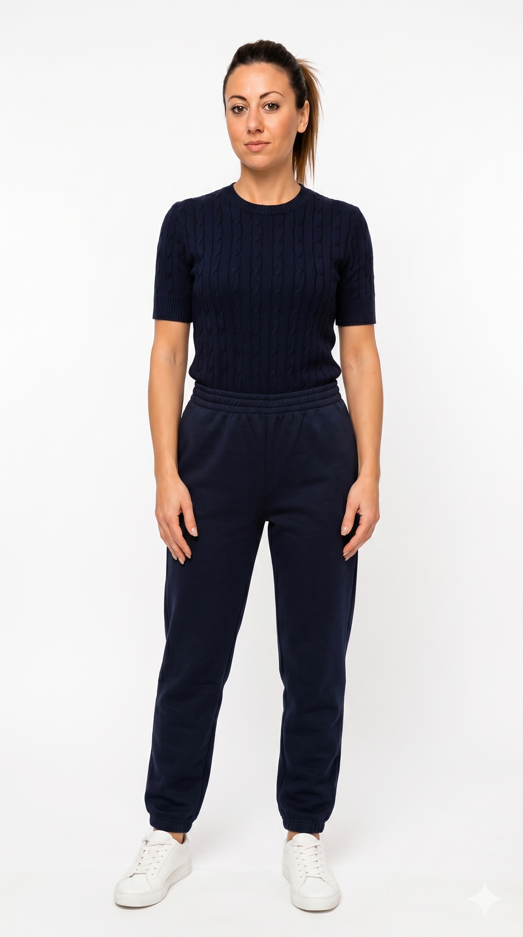 Top Donna Elegante a Maniche Corte con Lavorazione a Trecce - Blu Navy